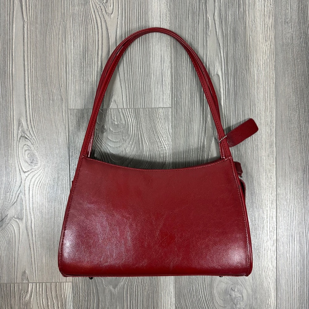 Red Structured Faux Leather Shoulder Bag Zip Closure Long Handles